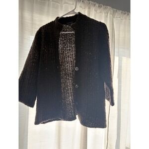 Eileen Fisher Organic Wool Alpaca Merino Brown Knit Button Up Cardigan